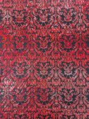 Metallic Damask Spandex - Black / Red - Holographic Poly Spandex Stretch Damask Fabric By Yard