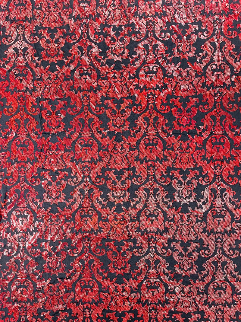 Metallic Damask Spandex - Black / Red - Holographic Poly Spandex Stretch Damask Fabric By Yard