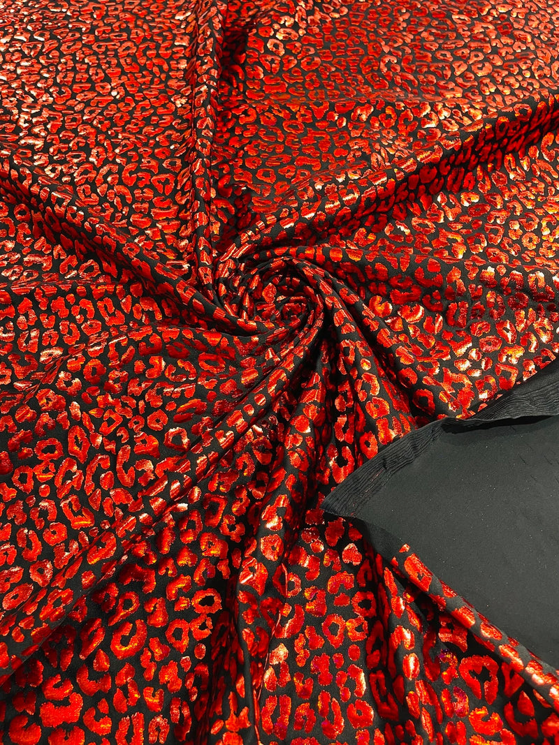 Cheetah Print Spandex Fabric - Black / Red - Mystique 4 Way Stretch Foil Fabric 58/60" By Yard