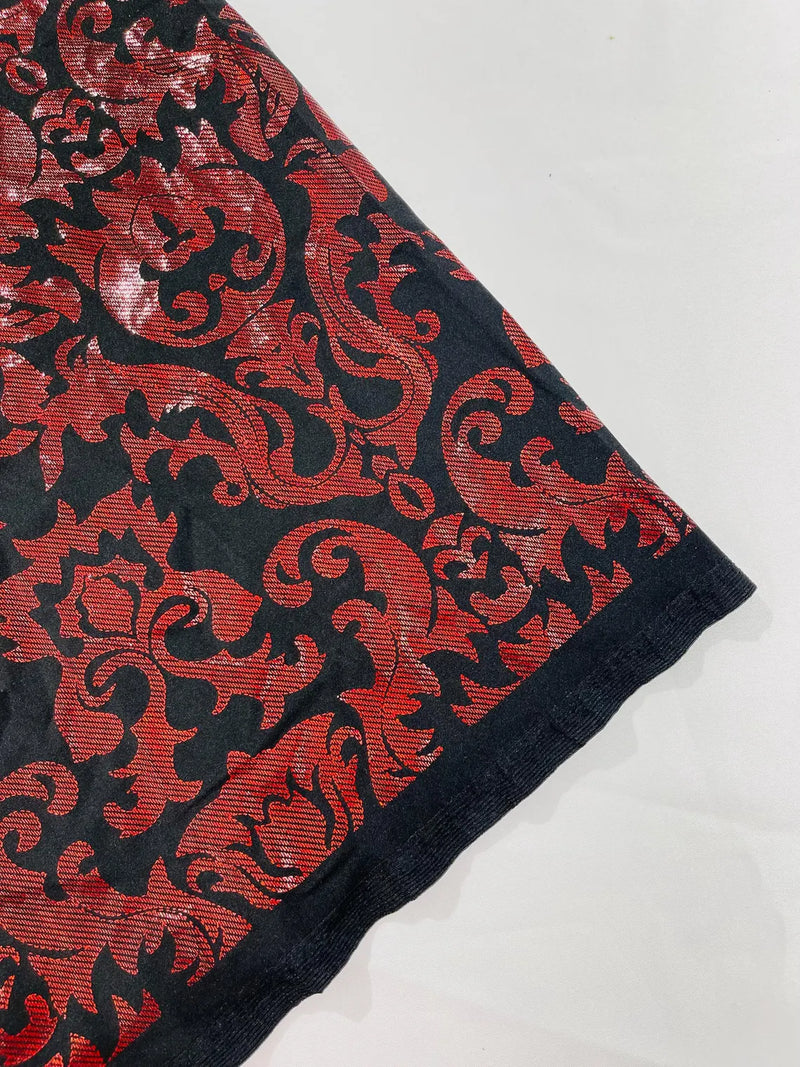 Metallic Damask Spandex - Black / Red - Holographic Poly Spandex Stretch Damask Fabric By Yard