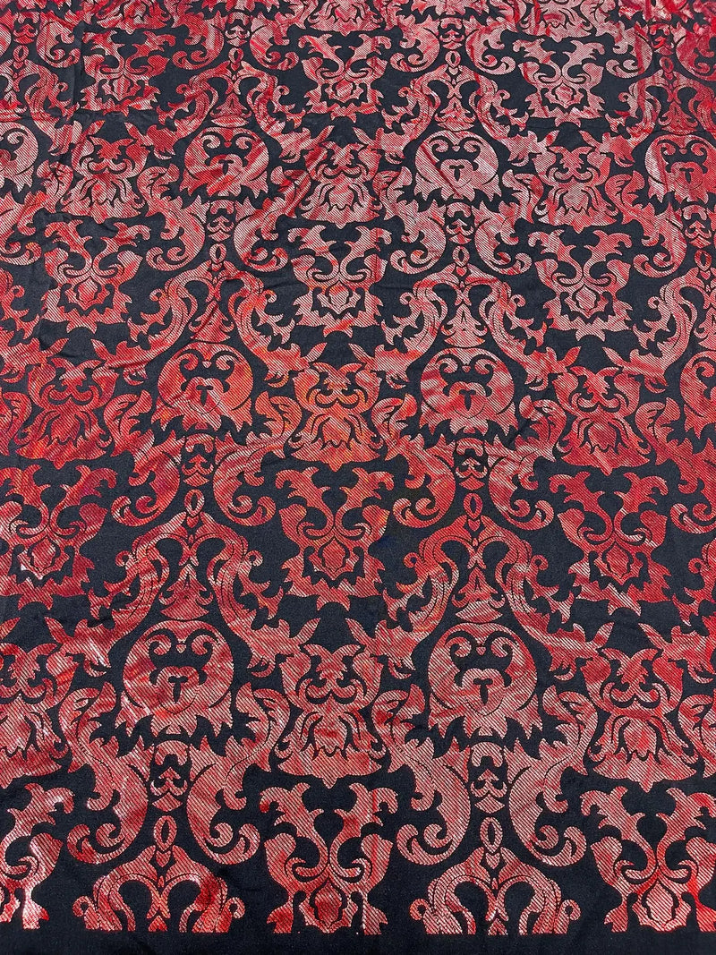 Metallic Damask Spandex - Black / Red - Holographic Poly Spandex Stretch Damask Fabric By Yard