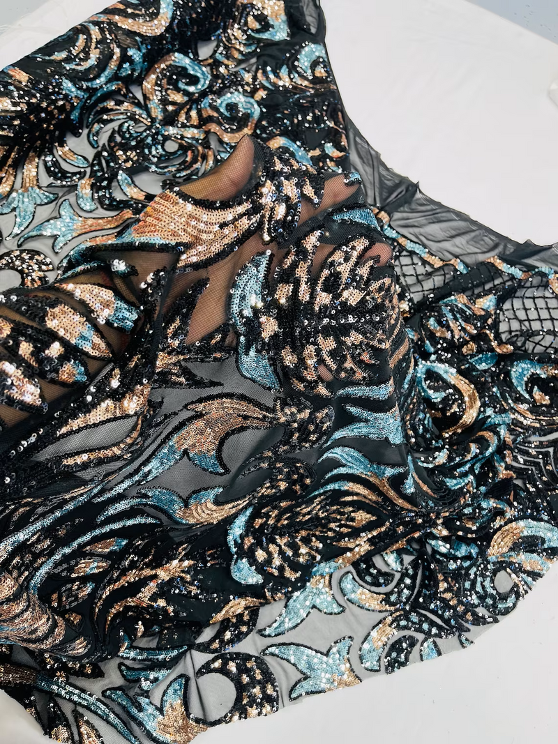 Damask Open Heart Design - Black / Rose Gold / Blue - Embroidered 4 Way Stretch Sequins Fabric By Yard