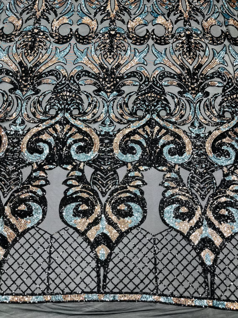 Damask Open Heart Design - Black / Rose Gold / Blue - Embroidered 4 Way Stretch Sequins Fabric By Yard
