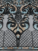 Damask Open Heart Design - Black / Rose Gold / Blue - Embroidered 4 Way Stretch Sequins Fabric By Yard