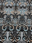 Damask Open Heart Design - Black / Rose Gold / Blue - Embroidered 4 Way Stretch Sequins Fabric By Yard