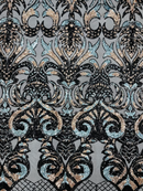 Damask Open Heart Design - Black / Rose Gold / Blue - Embroidered 4 Way Stretch Sequins Fabric By Yard