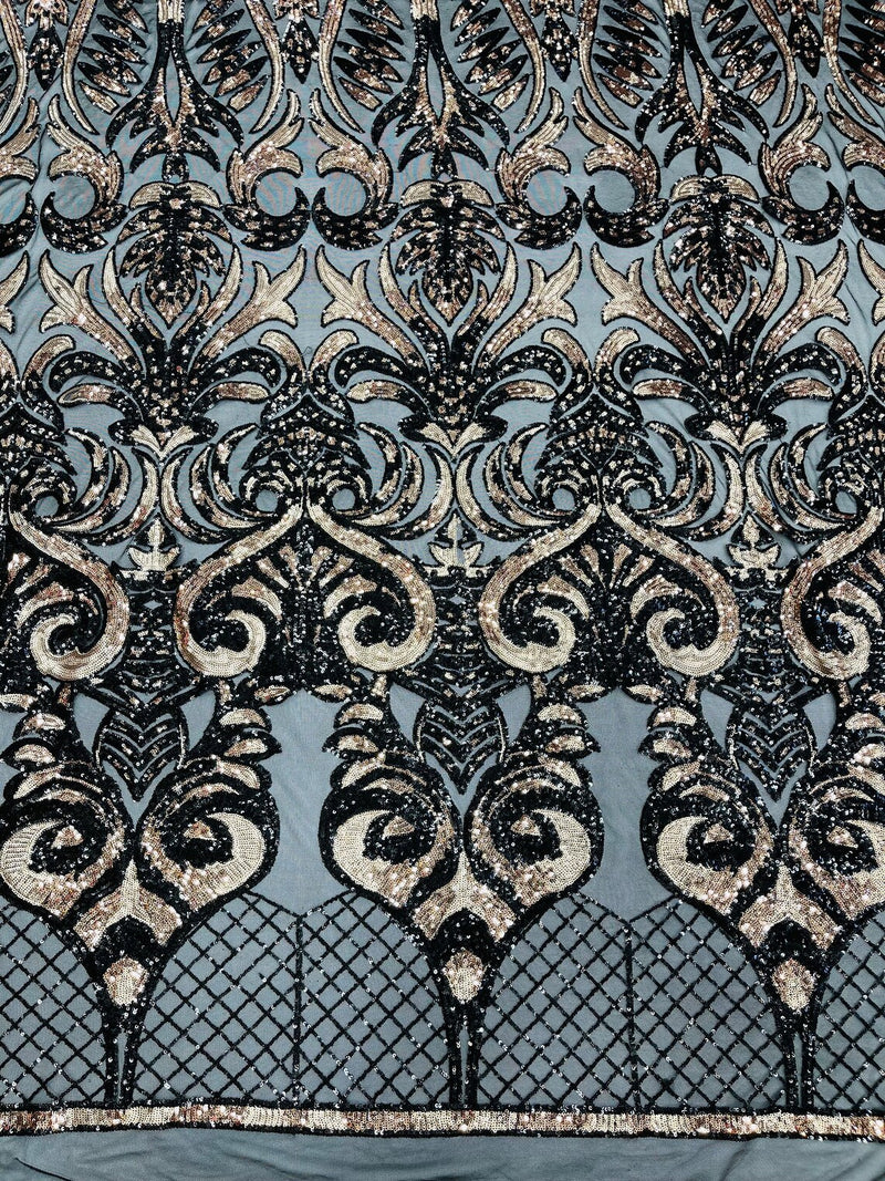 Damask Open Heart Design - Black / Rose Gold  - Embroidered 4 Way Stretch Sequins Fabric By Yard