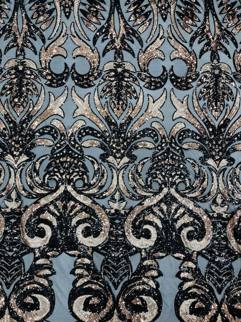 Damask Open Heart Design - Black / Rose Gold  - Embroidered 4 Way Stretch Sequins Fabric By Yard