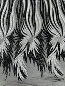Angel Wings Sequins Fabric - Black / Silver - 4 Way Stretch Feather Wings Sequins Design By Yard