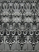 Damask Open Heart Design - Black / Silver - Embroidered 4 Way Stretch Sequins Fabric By Yard