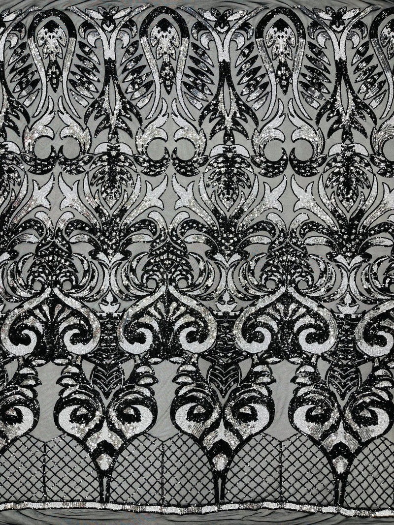Damask Open Heart Design - Black / Silver - Embroidered 4 Way Stretch Sequins Fabric By Yard