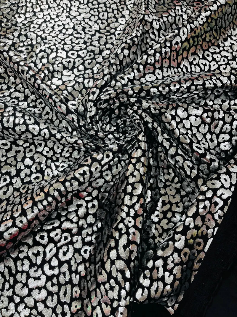 Cheetah Print Spandex Fabric - Black /Silver -  4 Way Stretch Foil Spandex Fabric By Yard