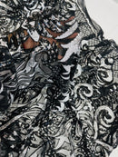 Damask Open Heart Design - Black / Silver - Embroidered 4 Way Stretch Sequins Fabric By Yard