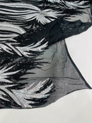 Angel Wings Sequins Fabric - Black / Silver - 4 Way Stretch Feather Wings Sequins Design By Yard
