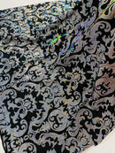 Metallic Damask Spandex - Black / Silver - Holographic Poly Spandex Stretch Damask Fabric By Yard