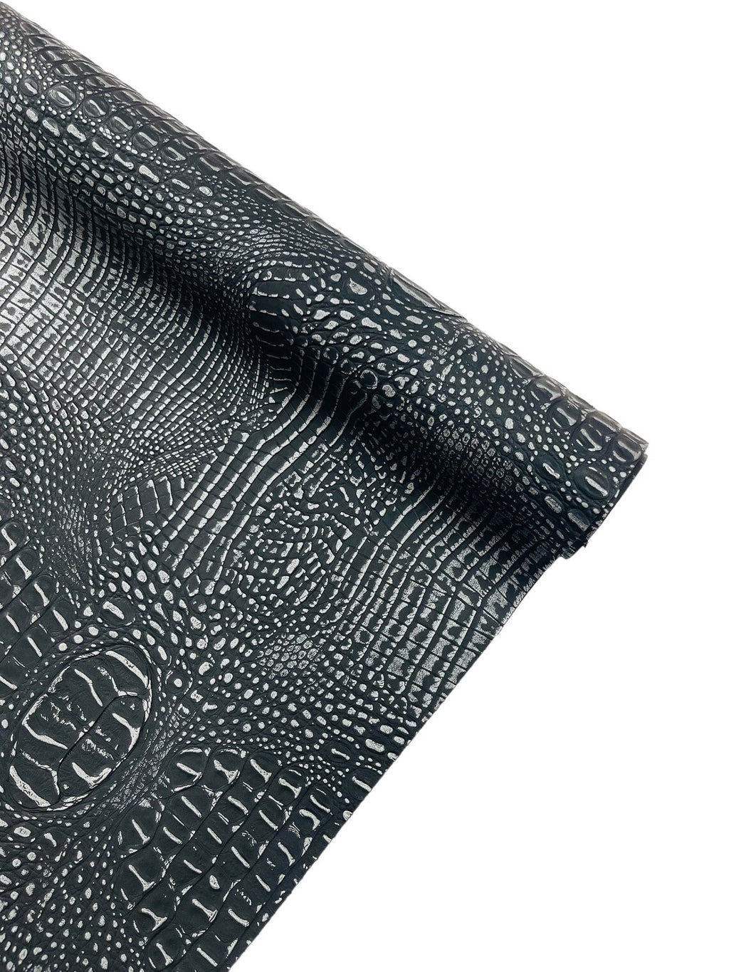 Faux Alligator Print Vinyl Fabric - Black / Silver - Faux Animal Print