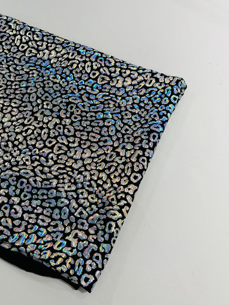 Cheetah Print Spandex Fabric - Black / Silver - Mystique 4 Way Stretch Foil Fabric 58/60" By Yard