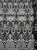 Damask Open Heart Design - Black / Silver - Embroidered 4 Way Stretch Sequins Fabric By Yard