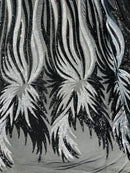 Angel Wings Sequins Fabric - Black / Silver - 4 Way Stretch Feather Wings Sequins Design By Yard