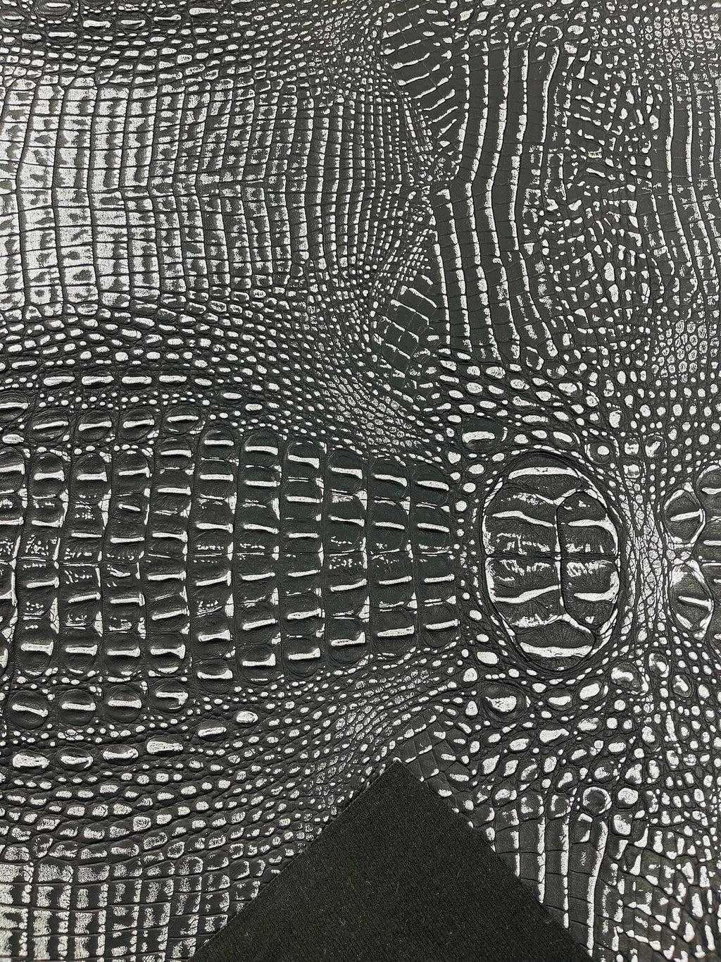 Faux Alligator Print Vinyl Fabric - Black / Silver - Faux Animal Print