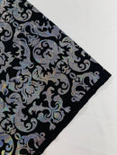Metallic Damask Spandex - Black / Silver - Holographic Poly Spandex Stretch Damask Fabric By Yard