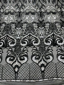 Damask Open Heart Design - Black / Silver - Embroidered 4 Way Stretch Sequins Fabric By Yard