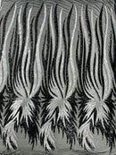 Angel Wings Sequins Fabric - Black / Silver - 4 Way Stretch Feather Wings Sequins Design By Yard