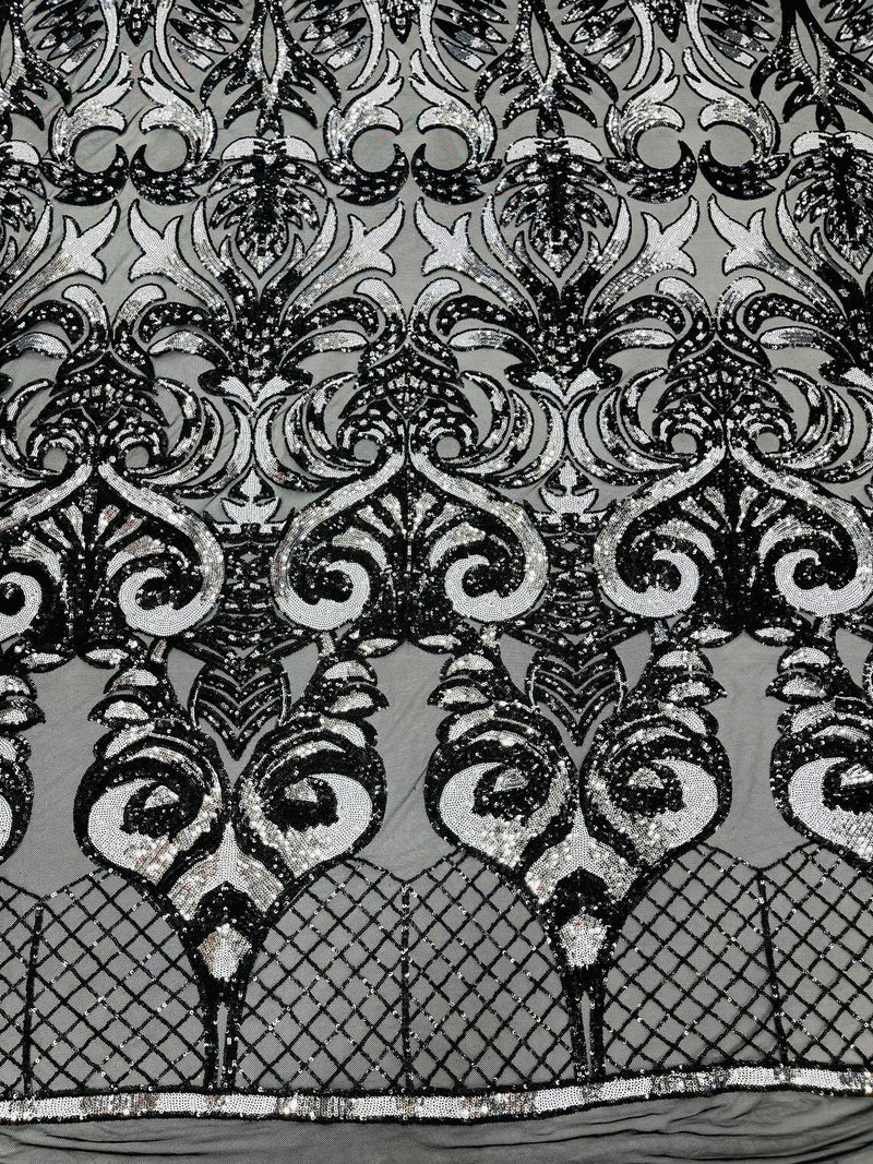 Damask Open Heart Design - Black / Silver - Embroidered 4 Way Stretch Sequins Fabric By Yard