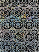 Metallic Damask Spandex - Black / Silver - Holographic Poly Spandex Stretch Damask Fabric By Yard