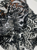 Damask Open Heart Design - Black / Silver - Embroidered 4 Way Stretch Sequins Fabric By Yard