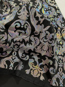 Metallic Damask Spandex - Black / Silver - Holographic Poly Spandex Stretch Damask Fabric By Yard