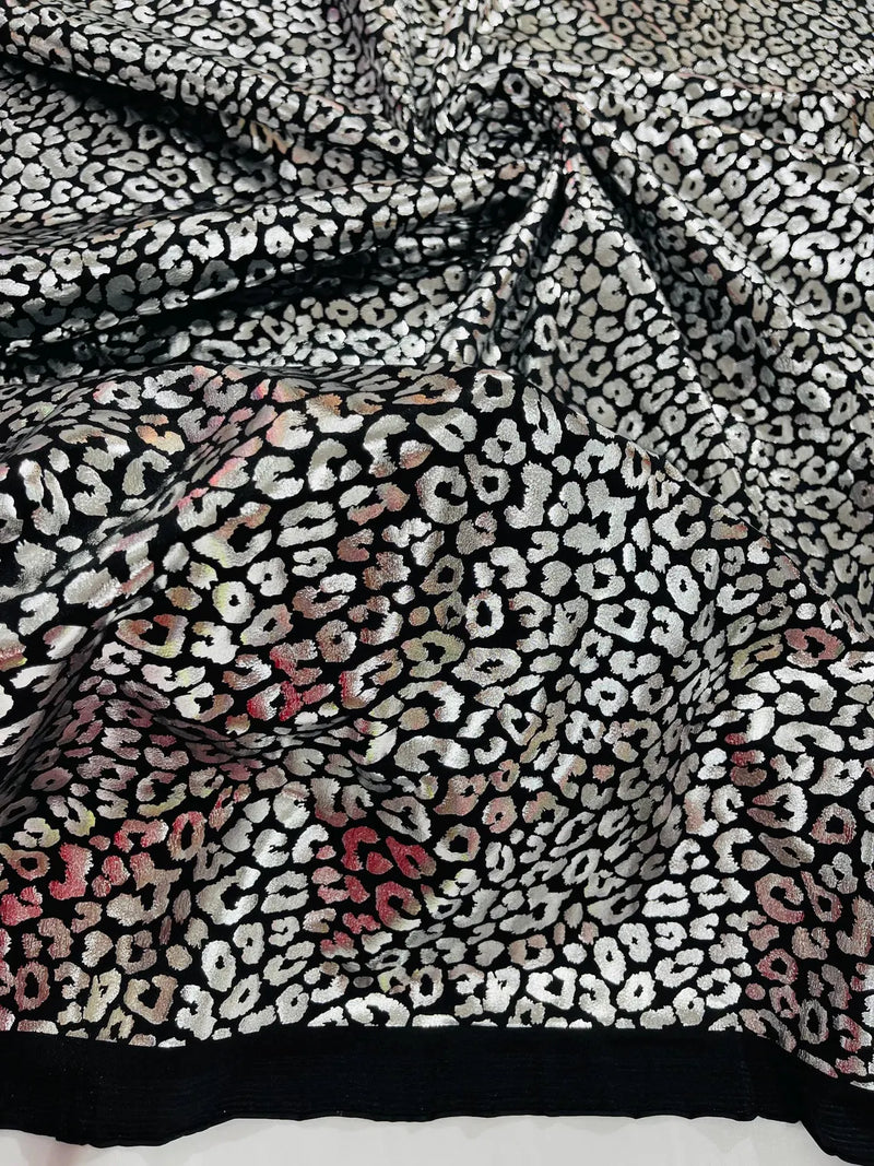 Cheetah Print Spandex Fabric - Black /Silver -  4 Way Stretch Foil Spandex Fabric By Yard