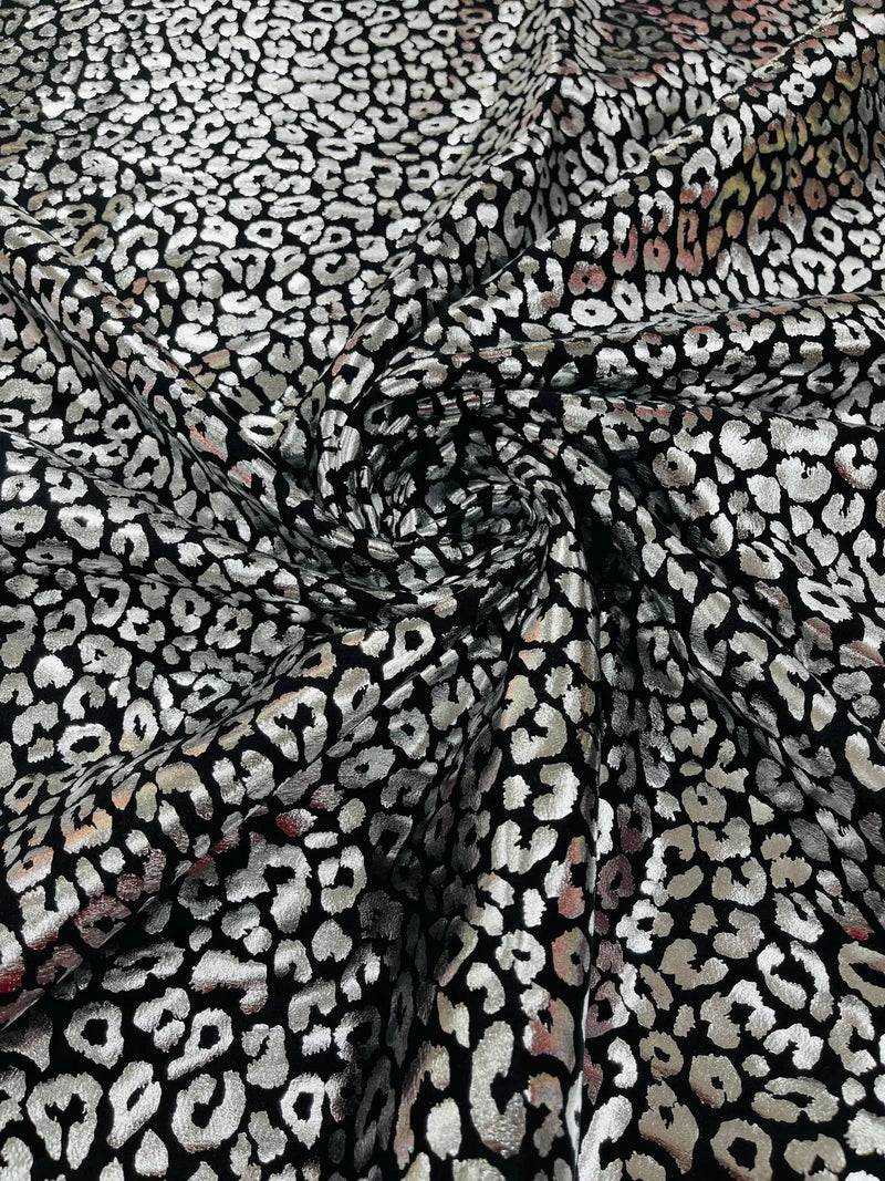 Cheetah Print Spandex Fabric - Black /Silver -  4 Way Stretch Foil Spandex Fabric By Yard