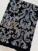 Metallic Damask Spandex - Black / Silver - Holographic Poly Spandex Stretch Damask Fabric By Yard