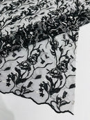 Multi-Color Floral Leaf Fabric - Black / White  - Sequins Lace Flower Fabric Sold By Yard