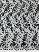 Multi-Color Floral Leaf Fabric - Black / White  - Sequins Lace Flower Fabric Sold By Yard