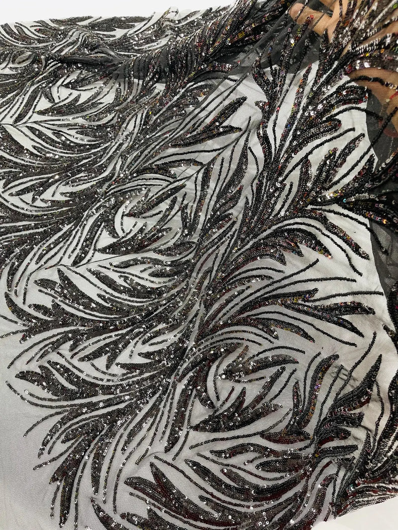 Leaf Stretch Sequins Fabric - Black - 4 Way Stretch Sequins on Lace Mesh Fabric by Yard