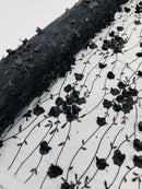 3D Floral Glitter Fabric - Black - 3D Sequins and Glitter Floral Design on Mesh Sold By Yard