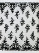 3D Rhinestone Flower Fabric - Black - 3D Flower Beaded Clusters with Sequins and Rhinestones By Yard