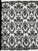 Beaded Butterfly Pattern Fabric - Black - Damask Fancy Bead Sequins Fabric Sold by Yard