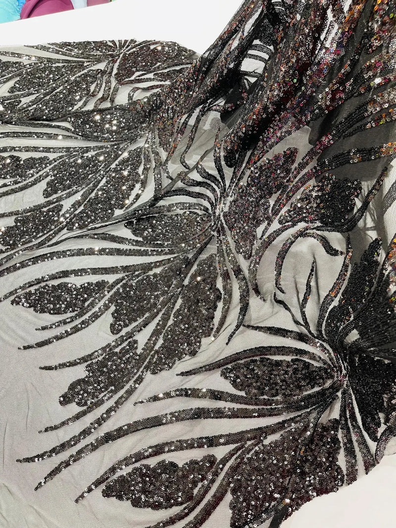 Wavy Leaf Design Fabric - Black - 4 Way Stretch Sequins Lace Mesh Leaf Design Fabric by Yard