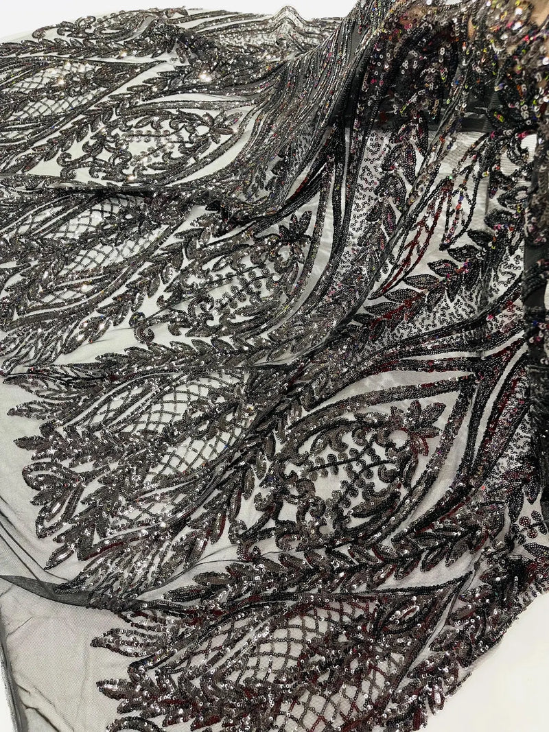 Mermaid Design Fabric - Black  - 4 Way Stretch Sequins Fabric on Lace Mesh Sold By Yard