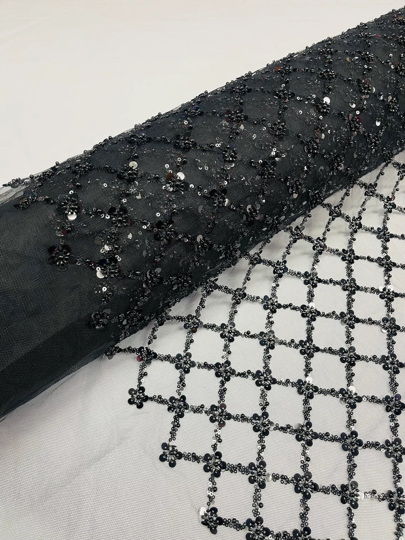Diamond Net Bead Fabric - Black - Geometric Embroidery Beaded Sequins Fabric Sold By The Yard