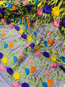 Multi-Color on Black Mesh Mexican Sarape Fabric - Embroidered Colorful Flower Design Fabric By Yard