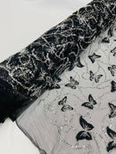 3D Butterfly Sequins Bead Fabric - Black - Sequins Butterfly Embroidered Beaded Fabric By Yard