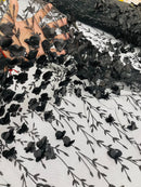 3D Glitter Floral Fabric - Black - Floral Line Glitter Designs on Mesh Fabric Sold By Yard