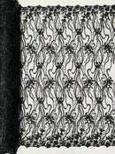 Flower Lines Bead Fabric - Black - Beaded Flower Fabric with Curled Long Lines Pattern By Yard