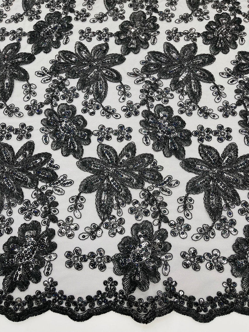 Metallic Floral Lace Fabric - Black - Hologram Sequins Floral Metallic Thread Fabric by Yard