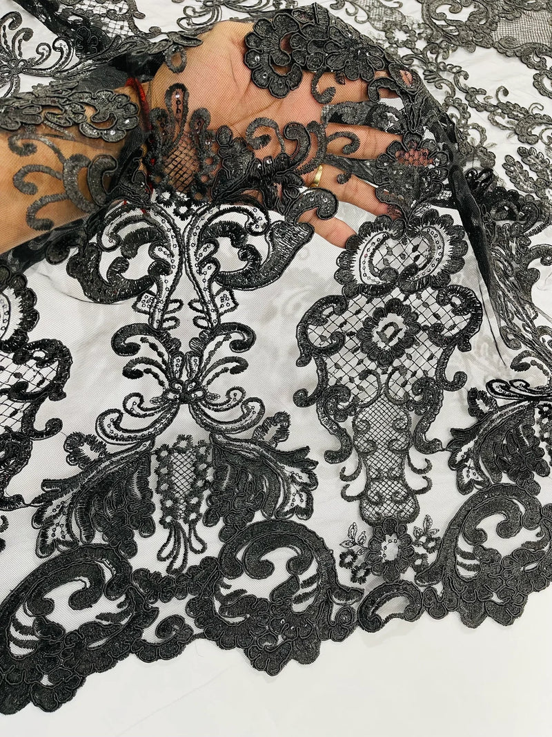 King Lace Design Fabric - Black - King Design with Sequins Embroidered On Mesh By Yard