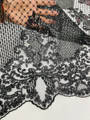 King Damask Lace Fabric - Black - Corded Embroidery with Sequins on Mesh Lace Fabric By Yard